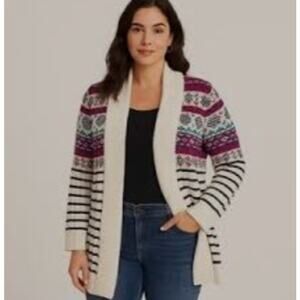 Talbots Fair Isle Print‎ Open Front Collared Sweater Cardigan Multicolor Size XL